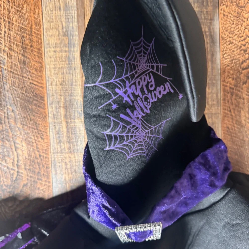 Kids Witch Costume Dress with Hat‎ Halloween Cosplay Black Purple Spiderweb